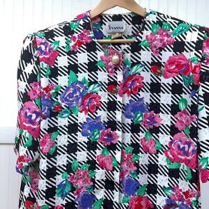Evanna Vintage Floral Houndstooth Blouse Ruffle Hem Black White Pink Purple Top